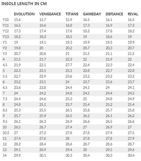 nfinity vengeance size chart.